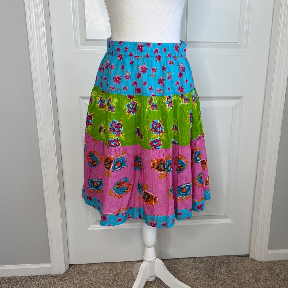 Ivy Jane Turquoise Pink Green Floral Tiered Skirt Small Knee Length Spring Fun